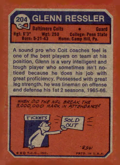 Vintage football card featuring Glenn Ressler of the Baltimore Colts, 1973 Topps #204
