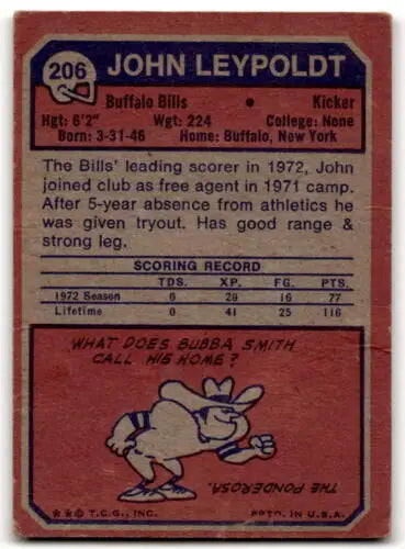 Vintage John Leypoldt football card featuring original gloss, Leypoldt P Poor