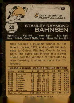 Vintage baseball card back featuring 20b Stan Bahnsen from 1973 Topps series