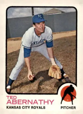 Vintage baseball card of Ted Abernathy from 1973 Topps #22 featuring Kansas City Royals