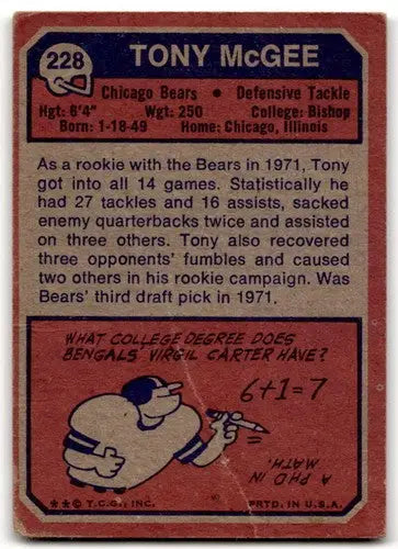 Vintage football card of Tony McGee with original gloss from 1973 Topps P Poor Bears