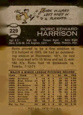 Vintage baseball trading card back featuring Roric Harrison of the Baltimore Orioles from 1973 Topps #229