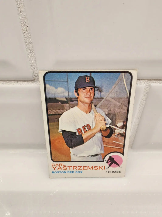 Vintage Carl Yastrzemski baseball card from 1973 Topps #245 Boston Red Sox trading card