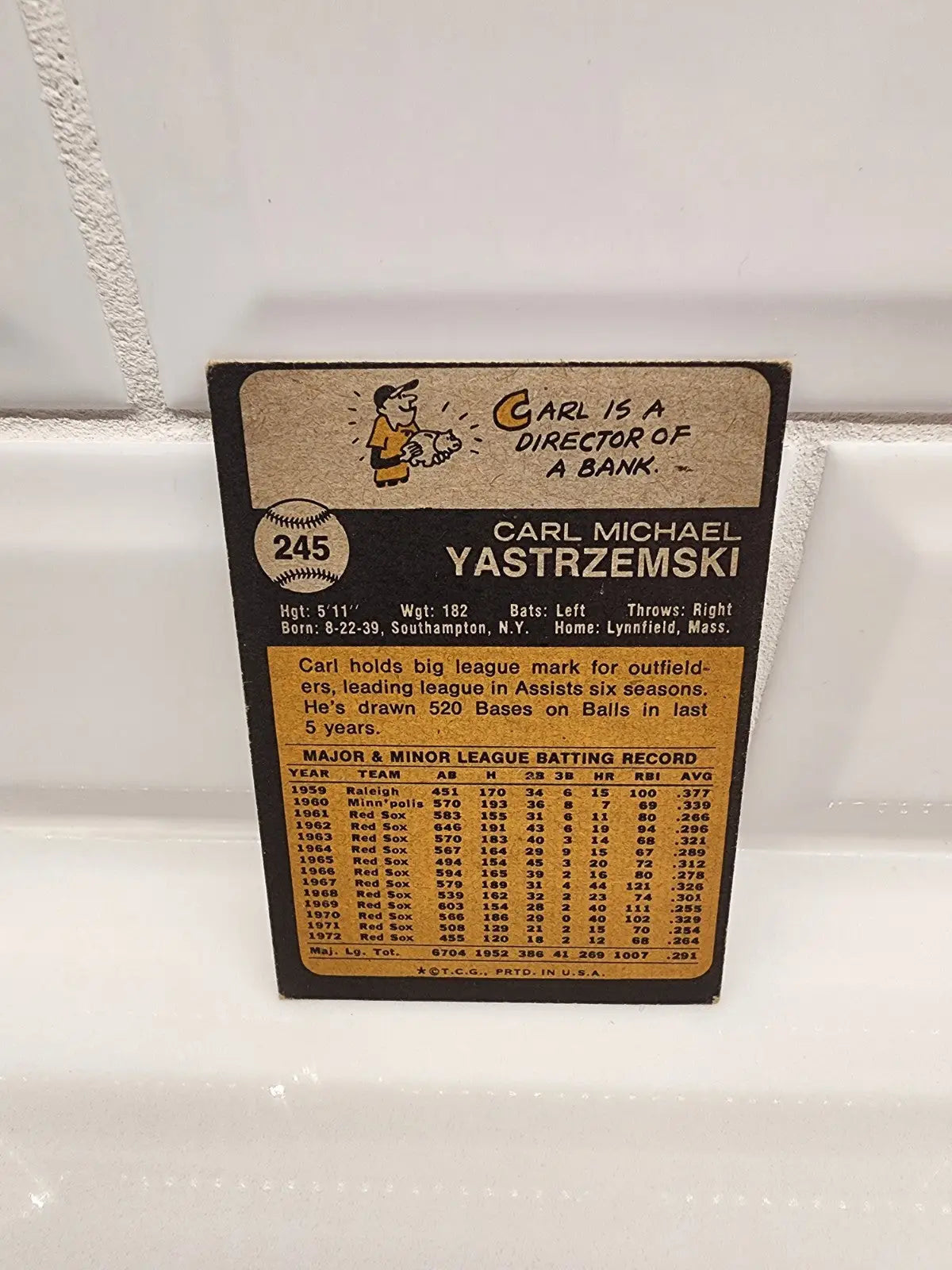Vintage trading card of Carl Yastrzemski Boston Red Sox 1973 Topps #245