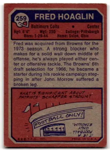 Vintage football card 1973 Topps #259 Fred Hoaglin G Good with original gloss detail