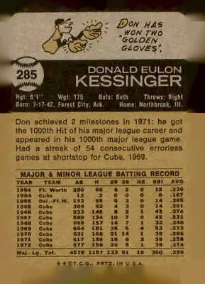 Back of 1973 Topps #285 Don Kessinger trading card featuring Chicago Cubs player