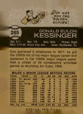 Back of 1973 Topps #285 Don Kessinger trading card featuring Chicago Cubs stats