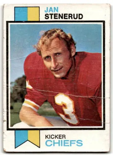 Vintage Jan Stenerud football card from 1973 Topps #285 with original gloss, P Poor condition