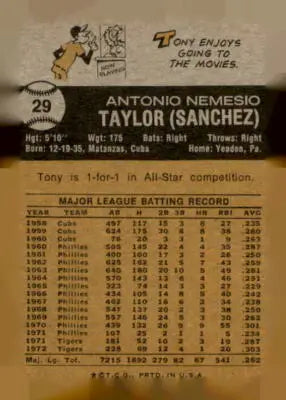 Vintage 1973 Topps Tony Taylor baseball card back showcasing Taylor baseball card details