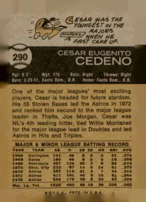Vintage baseball card back featuring Cesar Cedeno trading card from the Houston Astros 1973 Topps #290