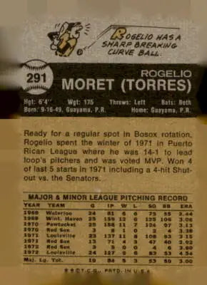 Vintage baseball card back featuring Rogelio Moret from the Boston Red Sox 1973 Topps #291
