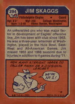 Jim Skaggs football card from 1973 Topps #294 featuring Philadelphia Eagles player