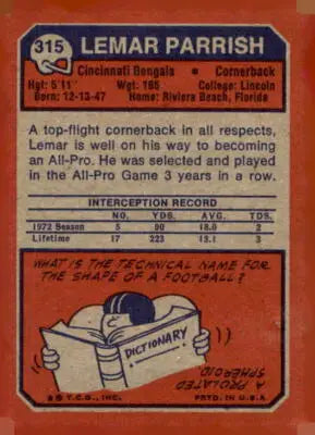 Lamar Parrish Cincinnati Bengals trading card from 1973 Topps #315