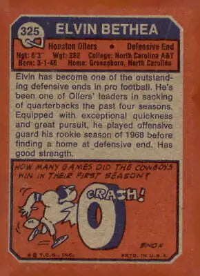 Vintage trading card featuring Elvin Bethea from the 1973 Topps #325 sports trading collection