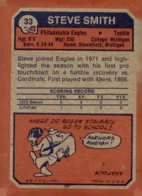 Vintage Steve Smith football card from 1973 Topps #33, a rare Smith trading card