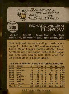 Vintage baseball card back of 1973 Topps #339 Dick Tidrow with Cleveland Indians details