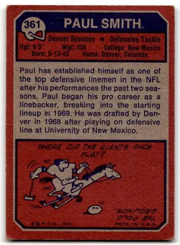 Vintage Paul Smith football card with original gloss from 1973 Topps Smith G Good Broncos