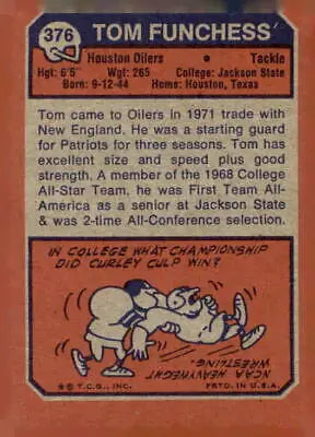 Tom Funchess football trading card from 1973 Topps #376 showcasing a Tom Funchess trading card