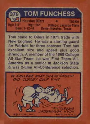 Vintage 1973 Topps Tom Funchess Football Card featuring Houston Oilers collectible