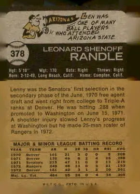 Vintage baseball card back of 1973 Topps Lenny Randle sports trading card
