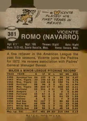 Vintage baseball card back of 1973 Topps #381 Vicente Romo trading card in EX-MT condition