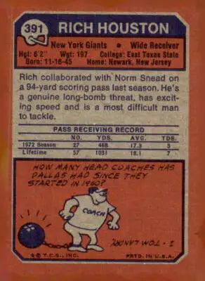 Vintage Rich Houston football trading card from 1973 Topps #391, a collectible sports trading card