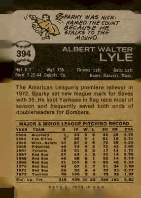 Vintage 1973 Topps Sparky Lyle baseball card back showcasing classic lyle baseball card details