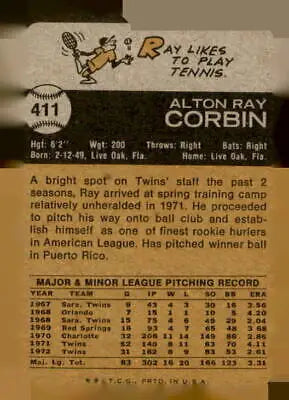 Vintage baseball card back of 1973 Topps #411 Ray Corbin from the Minnesota Twins