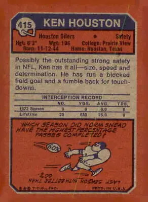 Vintage 1973 Topps #415 Ken Houston Houston Oilers trading card back view
