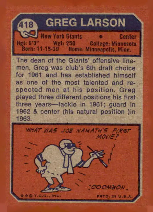 Vintage football card of Greg Larson from 1973 Topps #418 for Greg Larson trading collections