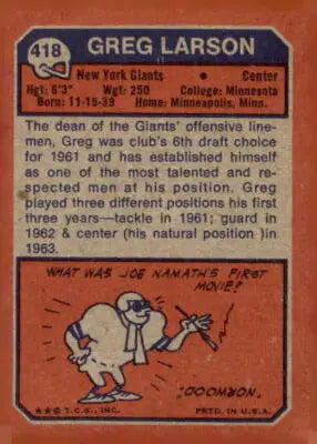 Vintage 1973 Topps Greg Larson trading card from the Greg Larson trading collection