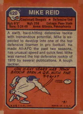 Vintage Mike Reid football card from 1973 Topps #420 featuring Cincinnati Bengals player