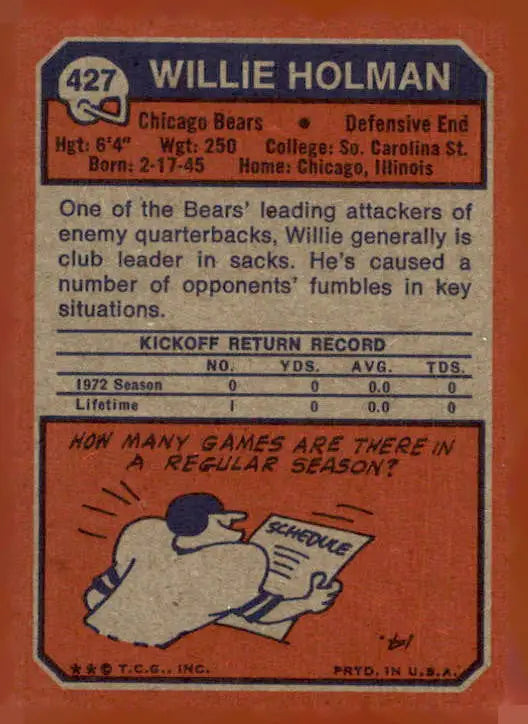 Willie Holman football card from 1973 Topps #427 showcasing Willie Holman football skills