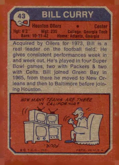 Vintage football card from 1973 Topps featuring Bill Curry, a sought-after sports trading card