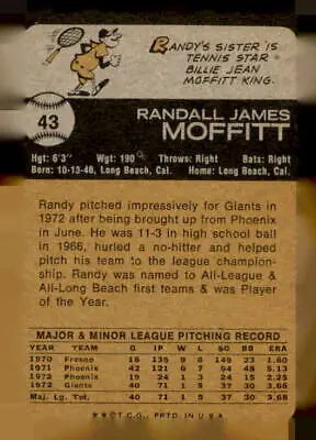 Vintage baseball card back of Randy Moffitt from 1973 Topps #43 San Francisco Giants