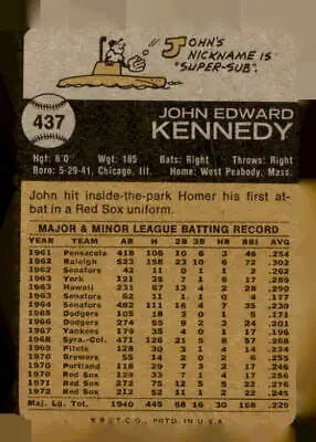 Vintage baseball card back of 1973 Topps #437 John Kennedy, Boston Red Sox collectible