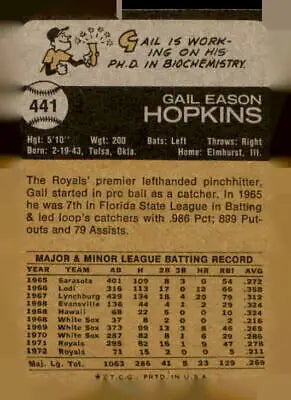 1973 Topps #441 Gail Hopkins vintage baseball card featuring Kansas City Royals memorabilia