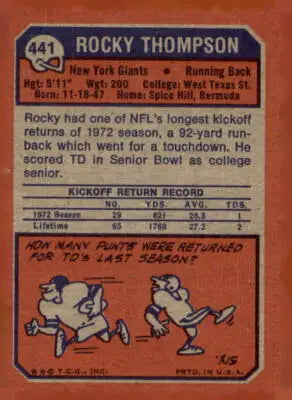 Vintage Rocky Thompson football trading card from 1973 Topps #441 showcasing Rocky Thompson trading