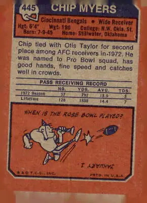 Chip Myers football card from 1973 Topps #445, perfect for Myers football trading collection