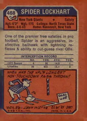 Vintage Spider Lockhart football card from 1973 Topps #468, a rare sports trading card