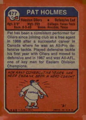 Vintage Football Card 1973 Topps #477 Pat Holmes Pat Holmes Trading Collectible