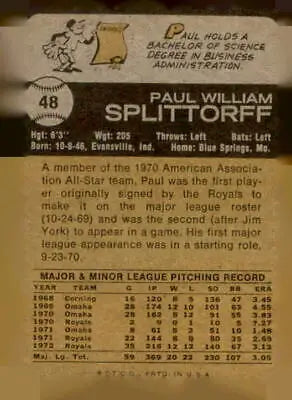 Vintage baseball card back of 1973 Topps Paul Splittorff, Kansas City Royals EX-MT