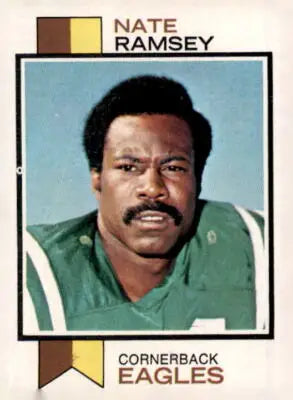 Nate Ramsey trading card from 1973 Topps #482 featuring the football player in action