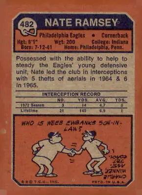 Vintage Topps Nate Ramsey football card featuring the Philadelphia Eagles 1973 design