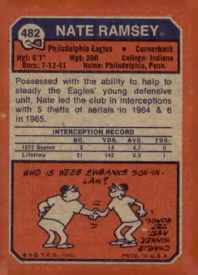 Vintage Nate Ramsey football card from 1973 Topps #482, a must-have sports trading card