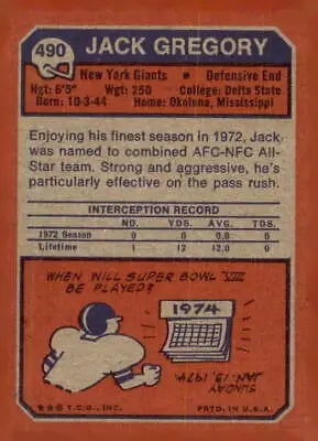 Vintage Jack Gregory football card from 1973 Topps #490 featuring Jack Gregory of the York Giants