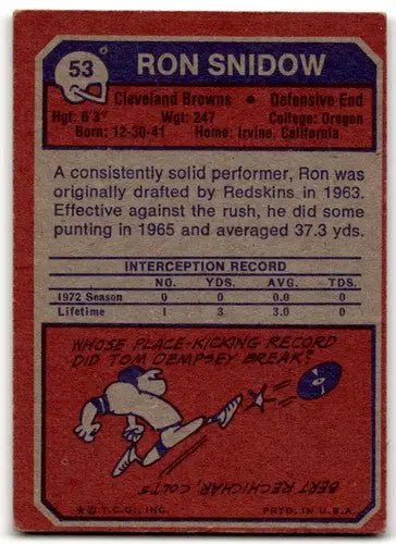 Vintage Ron Snidow football card with original gloss from 1973 Topps G Good Browns