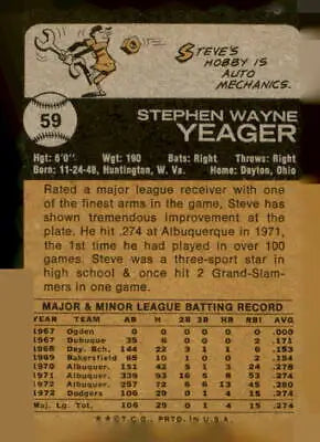 Baseball card back of 1973 Topps #59 Steve Yeager, Los Angeles Dodgers trading card