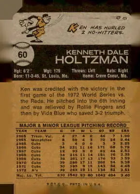 Vintage baseball card back of 1973 Topps #60 Ken Holtzman sports trading card