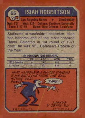Vintage football card of Isiah Robertson Los Angeles Rams 1973 Topps #65 EX-MT